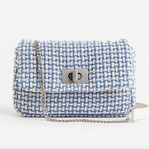 H&M Light Blue White Woven Tweed Silver Chain Crossbody Bag NWT